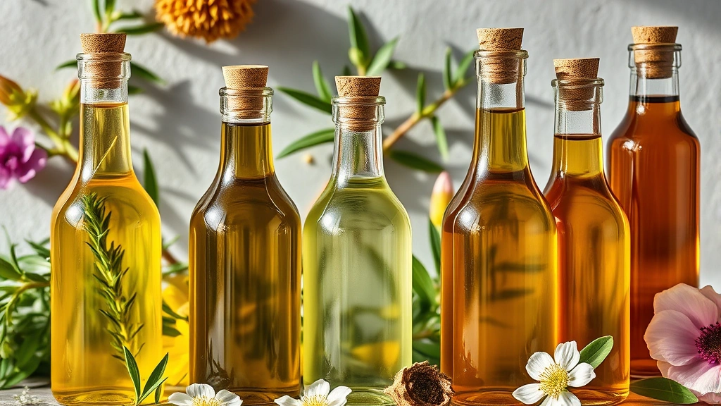 Array of beautiful glass bottles containing different colored plant oils—emerald rosemary, golden coconut, amber argan—arranged artfully with fresh botanicals, natural lighting