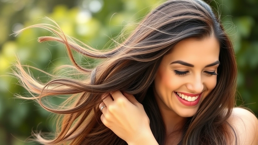 Woman with visibly healthy, thick hair flowing naturally, touching hair with satisfaction, outdoor setting with greenery, genuine happiness expressing hair growth results and confidence