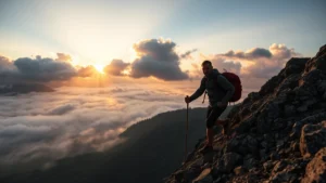 Person climbing a mountain at sunrise, determined expression, athletic wear, misty valley below, golden light breaking through clouds, photorealistic, inspiring atmosphere