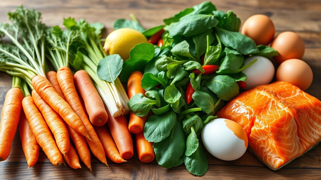 Colorful array of vitamin A-rich foods including carrots, sweet potatoes, spinach, salmon, and eggs arranged on wooden table, vibrant natural lighting, food photography