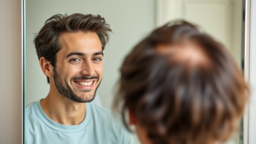 Person examining scalp health in mirror with satisfied expression, clear healthy scalp visible, natural daylight, representing hair wellness progress and improvement