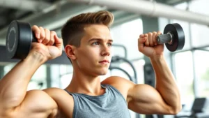Healthy teenage boy doing strength training exercise in bright gym, focused determined expression, athletic build, natural lighting, modern gym equipment visible