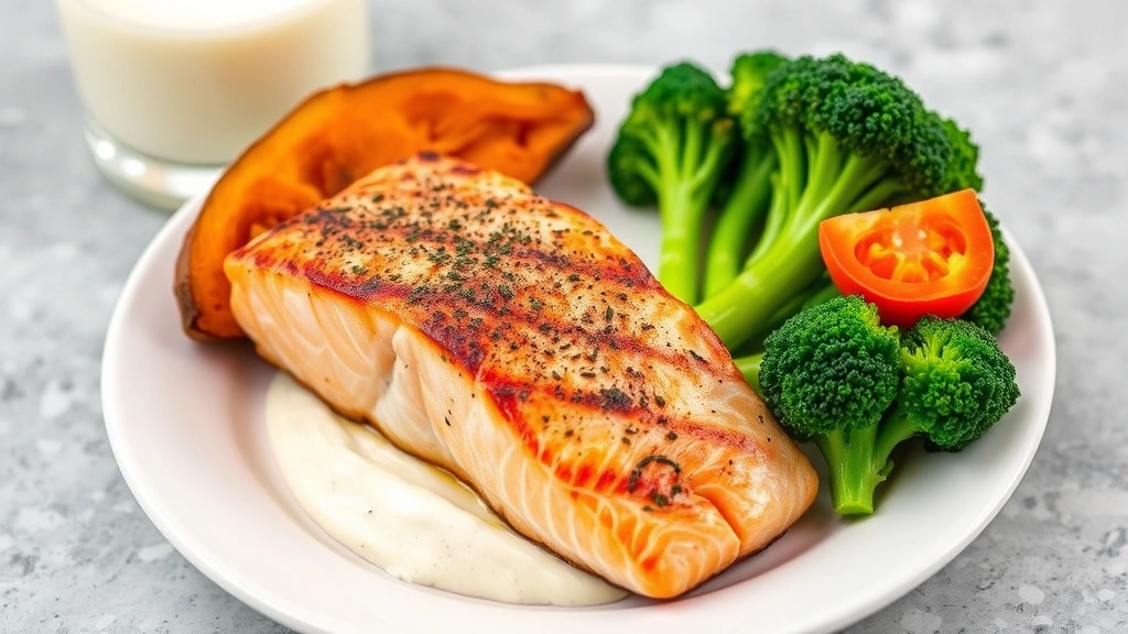 Colorful nutritious meal spread on white plate: grilled salmon fillet, roasted sweet potato, steamed broccoli, glass of milk beside it, fresh and appetizing presentation