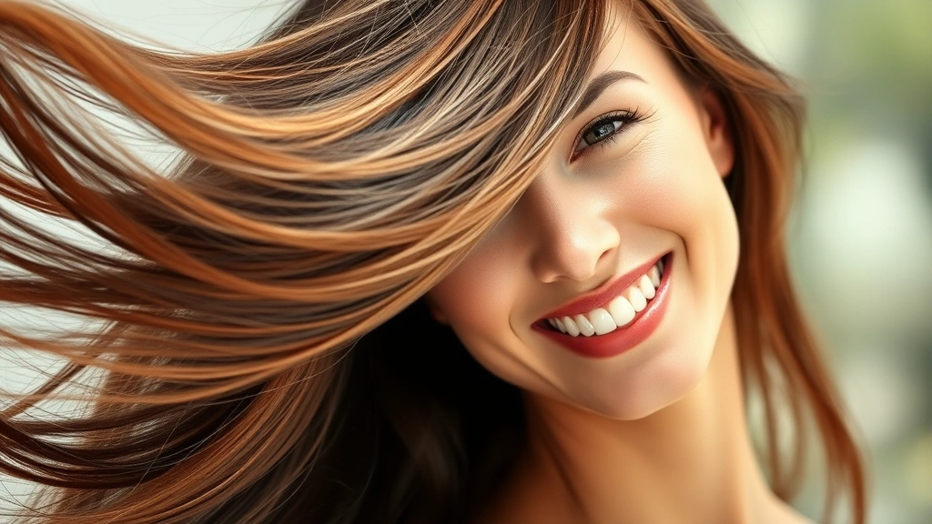 Woman with thick, shiny, healthy hair flowing in natural light, smiling confidently, close-up of hair texture showing vitality and strength, professional wellness setting