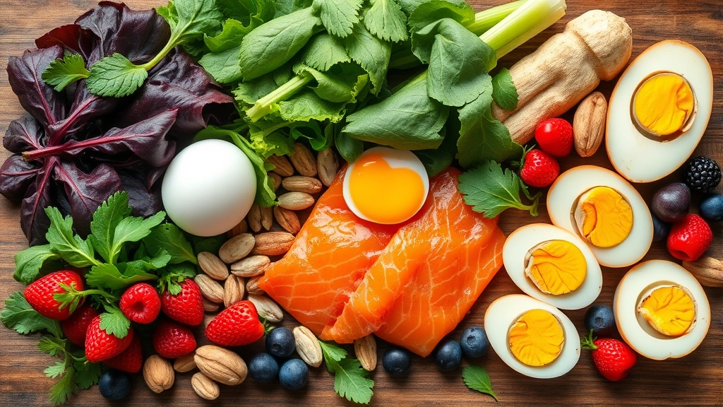 Colorful array of nutrient-rich foods including leafy greens, eggs, nuts, berries, and salmon arranged beautifully on wooden surface, natural daylight photography