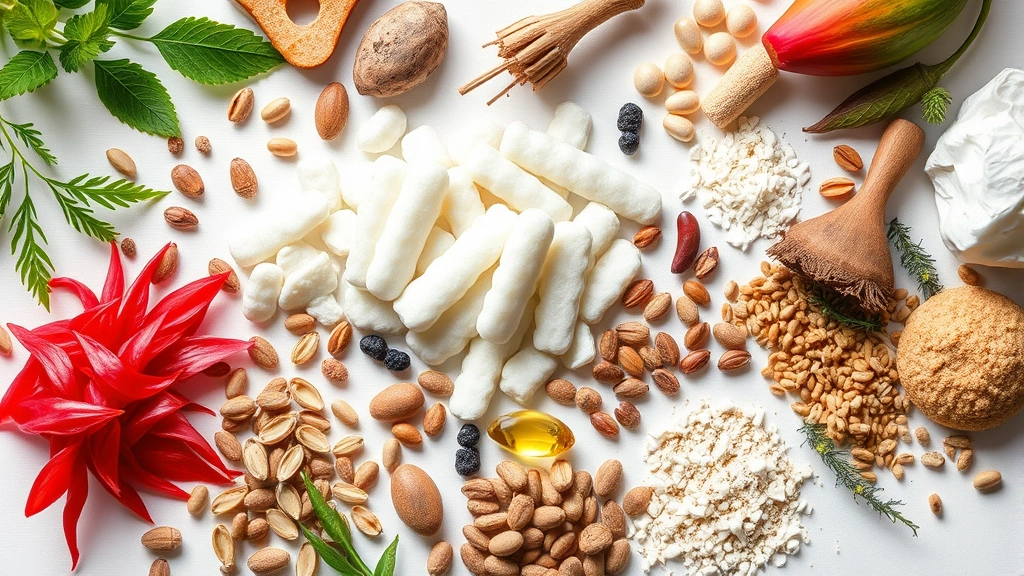 Vibrant collection of natural ingredients including marine proteins, horsetail plants, millet seeds, and minerals arranged on white surface with soft lighting, nutritional supplementation theme