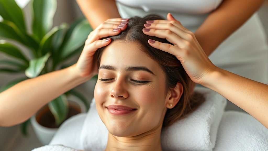 Person performing scalp massage with healthy hair growth visible, peaceful expression during self-care routine, professional wellness environment, natural lighting emphasizing hair texture and health