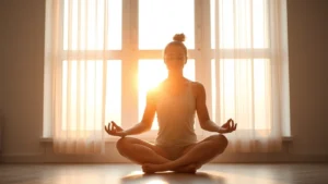 Person sitting in meditation pose by a sunrise window, peaceful expression, warm natural light, minimalist modern room, embodying calm self-reflection and inner growth