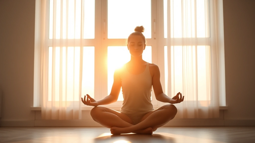 Person sitting in meditation pose by a sunrise window, peaceful expression, warm natural light, minimalist modern room, embodying calm self-reflection and inner growth