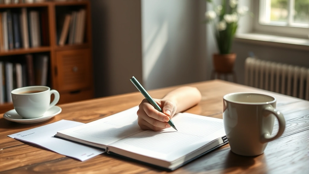 Young professional writing in journal at wooden desk with coffee, focused determined expression, morning light, notebook open, representing self-awareness and intentional planning
