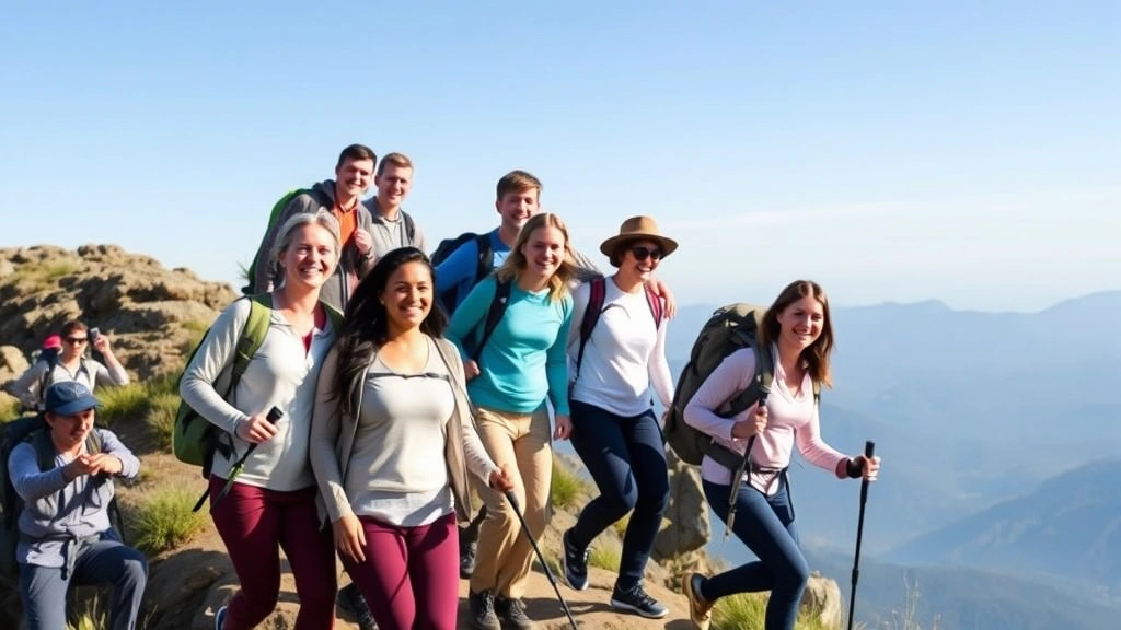 Diverse group of people hiking uphill on mountain trail together, smiling and supporting each other, clear sky, representing community support and collective growth journey