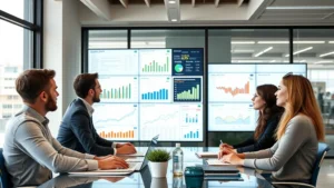 Diverse professionals collaborating in modern office setting, analyzing demographic data on large screens, representing economic analysis and policy planning for population challenges