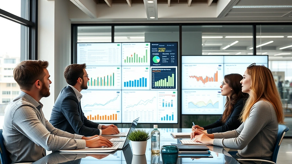 Diverse professionals collaborating in modern office setting, analyzing demographic data on large screens, representing economic analysis and policy planning for population challenges