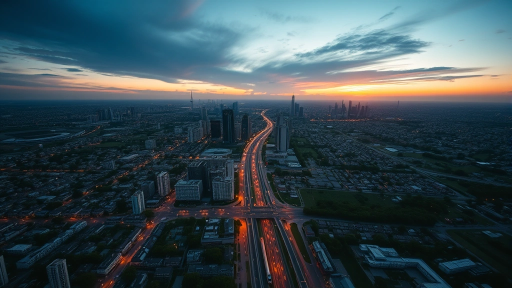 Aerial view of sprawling urban cityscape at sunset with dense residential areas, traffic congestion, and limited green spaces, illustrating infrastructure strain from rapid urbanization