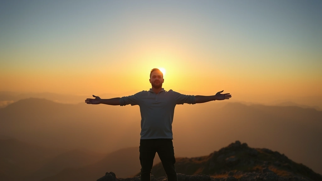 Person standing confidently at mountain summit during golden hour, arms open, sunrise in background, peaceful expression, natural landscape, photorealistic