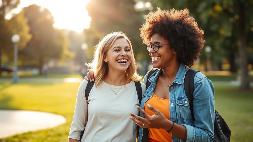 Two friends laughing together outdoors in park, genuine connection, warm sunlight, supportive body language, diverse individuals, authentic moment
