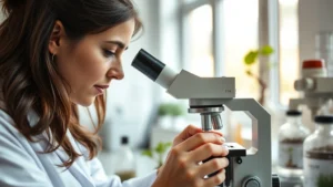 Female botanist in modern laboratory examining plant specimens under microscope with professional focus, natural window light illuminating workspace, scientific equipment visible in background