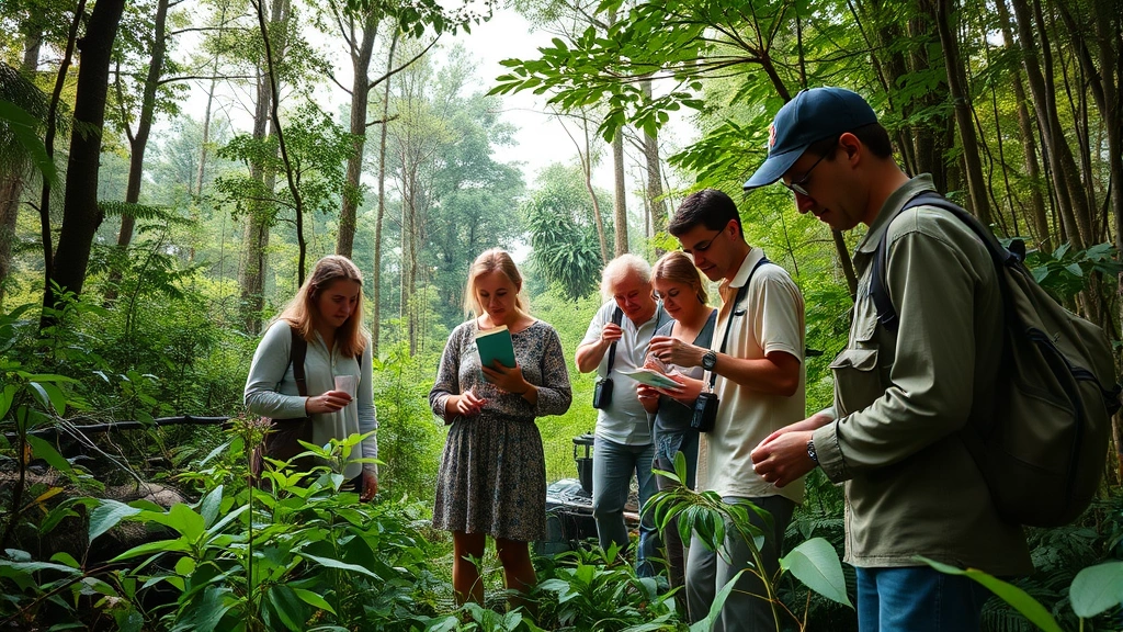 Diverse team of botanists conducting field research in lush forest ecosystem, collecting plant samples, measuring vegetation, engaged in collaborative scientific work outdoors