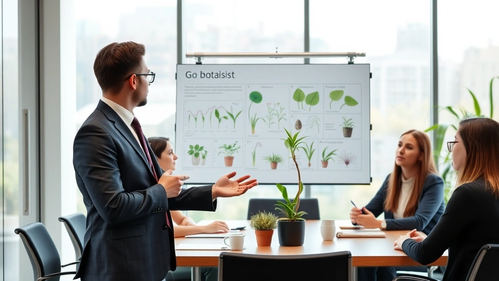 Professional botanist in business attire presenting research findings to colleagues in modern conference room, displaying growth and advancement success in botanical career