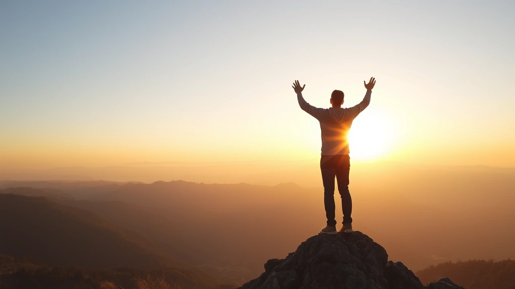 Person standing confidently on a mountain peak at sunrise, arms slightly raised, looking toward the horizon with peaceful determination, soft golden light, serene natural landscape, embodying personal achievement and growth