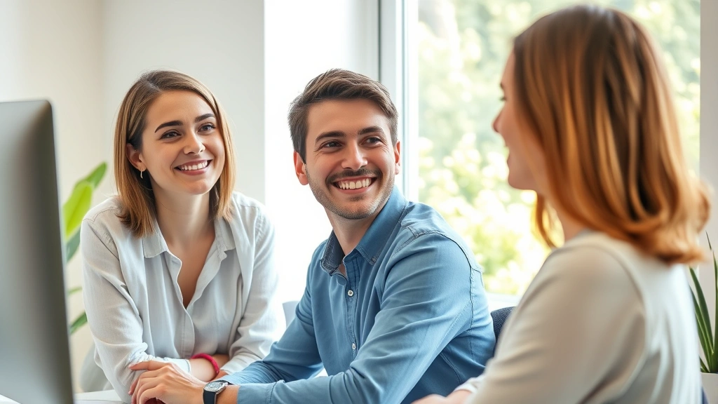 Young professional sitting at desk with genuine smile, looking at reflection in mirror with warmth and acceptance, bright natural window light, plants in background, representing self-compassion and positive self-perception