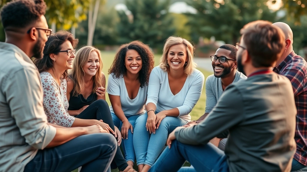 Group of diverse people engaged in genuine conversation and laughter, sitting in circle outdoors, relaxed body language, warm lighting, showing authentic social connection and mutual respect