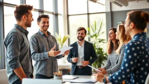 Young professional in modern office confidently presenting ideas to engaged colleagues, natural sunlight, collaborative energy, genuine smiles, growth and momentum visible