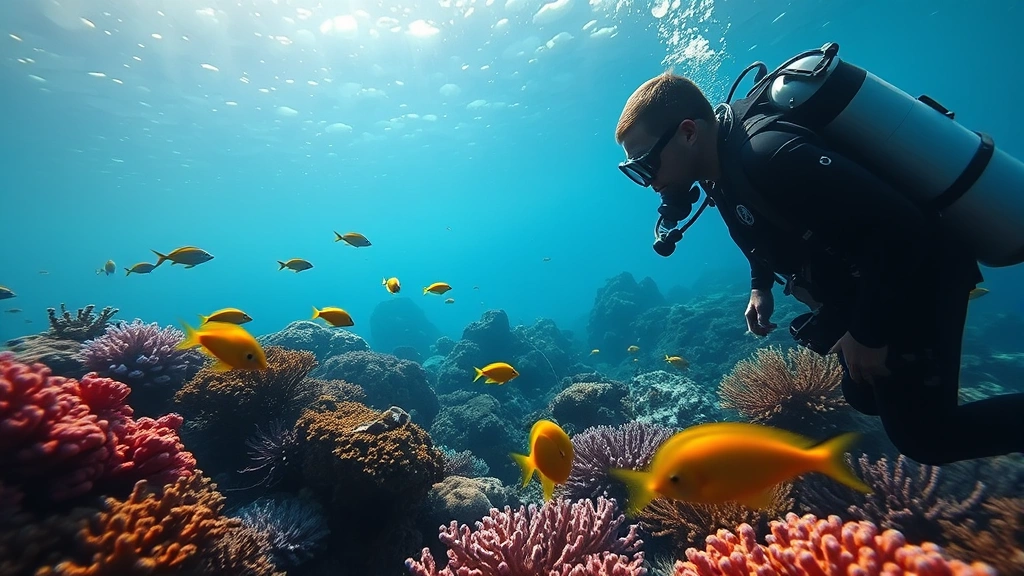 Marine biologist in full scuba gear examining vibrant coral reef ecosystem with fish swimming nearby, underwater photography, natural sunlight filtering through water, photorealistic