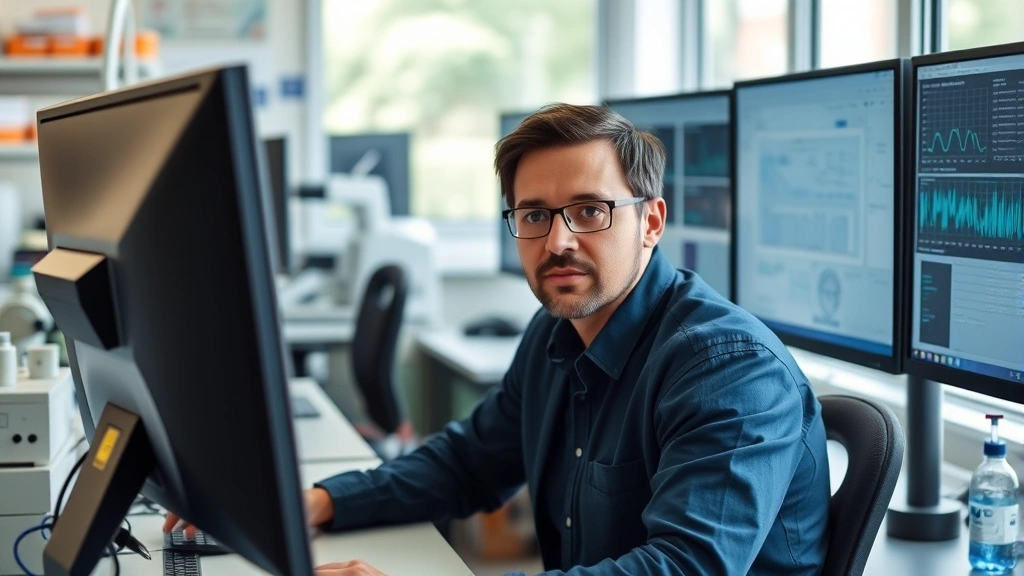 Focused researcher at laboratory desk with multiple monitors displaying data, organized workspace with scientific equipment, concentrated expression, bright natural lighting, professional environment