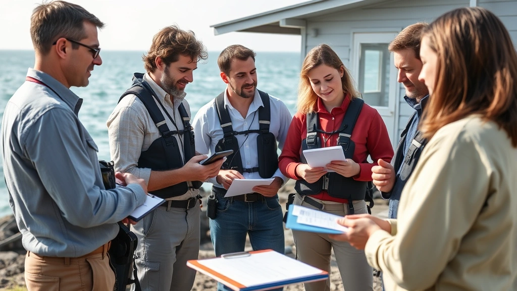 Team of marine scientists collaborating outdoors near coastal research station, discussing findings with clipboards and field equipment, diverse group, ocean visible in background, natural lighting
