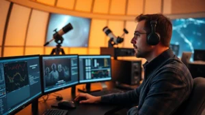 A professional astronomer at an observatory control room monitoring data on multiple screens, focused expression, warm lighting, modern facility environment, showing dedication to research work