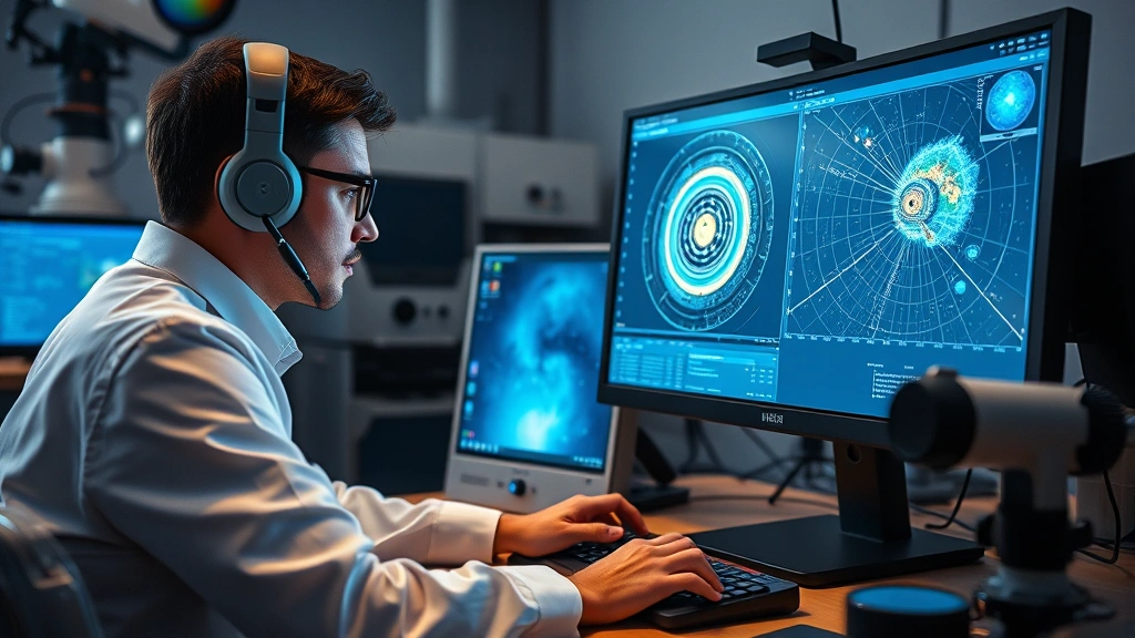 A researcher analyzing complex astronomical data visualizations on a computer workstation, concentration evident, surrounded by scientific equipment, demonstrating computational aspects of modern astronomy