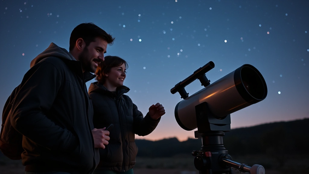 An astronomer mentoring a younger student at an observation telescope during evening hours, collaborative moment, starlit sky visible in background, representing career progression and knowledge transfer