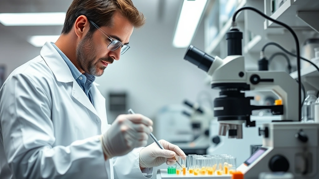 Professional veterinary scientist in modern laboratory examining animal samples with precision equipment, focused expression, bright clinical lighting, wearing white coat