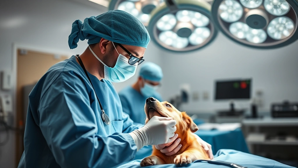 Confident veterinarian performing surgical procedure on animal in state-of-the-art operating room, surgical precision, professional team environment, advanced medical technology