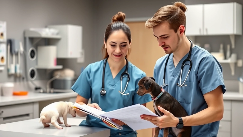Veterinary professional mentoring younger colleague in clinical setting, teaching moment, reviewing medical records together, supportive professional relationship, modern veterinary clinic