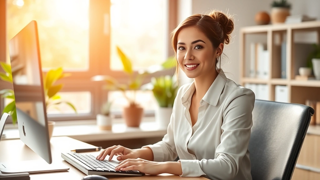 Professional woman at desk with focused expression, morning sunlight through window, hands on keyboard, peaceful organized workspace with plant in background, confident and energized