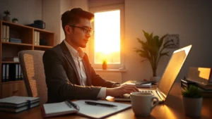 Professional person at desk during golden hour morning light, focused on laptop work, organized workspace with notebook and coffee cup, natural window lighting, calm concentrated expression, peaceful productive environment