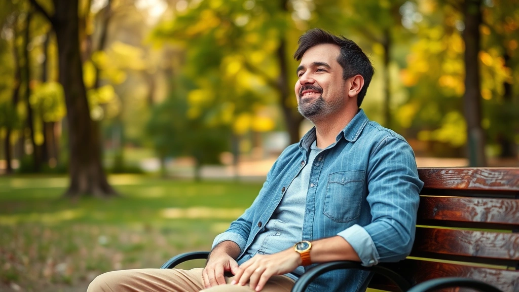 Man sitting outdoors on bench during break, relaxed posture, taking genuine rest, nature background with trees, refreshed expression, natural lighting, peaceful moment