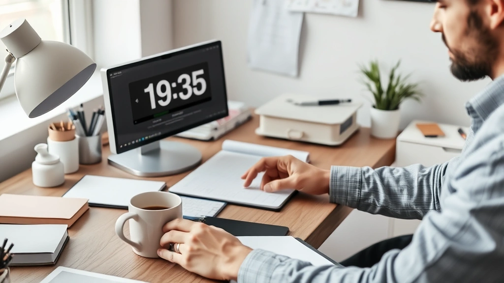 Person working at desk with visible timer, organized workspace with minimal clutter, coffee cup, notebook, focused concentration on single task, productive environment