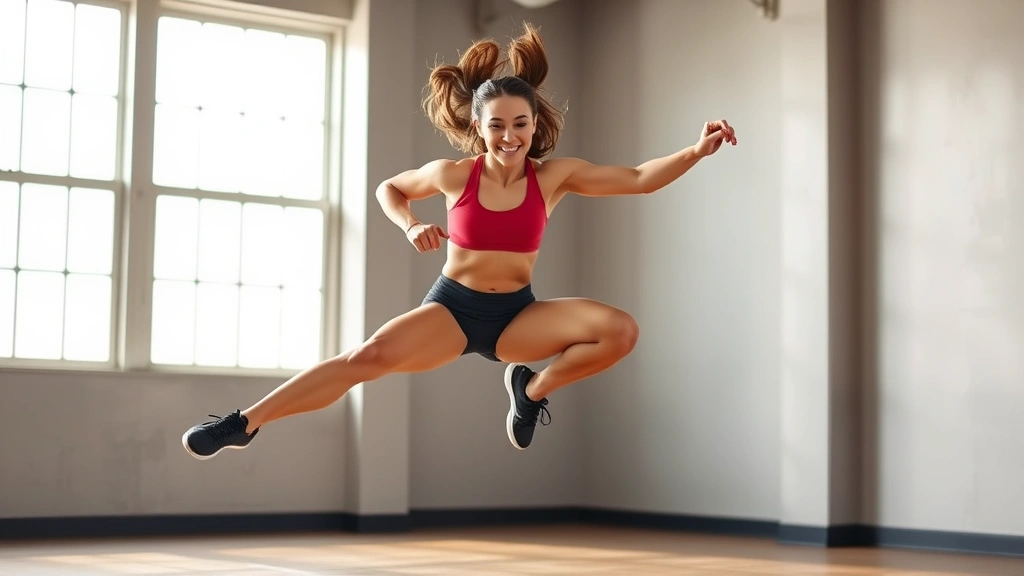 Athletic woman performing explosive vertical jump with perfect form, mid-air against bright gym background, muscular legs extended, confident expression, natural lighting