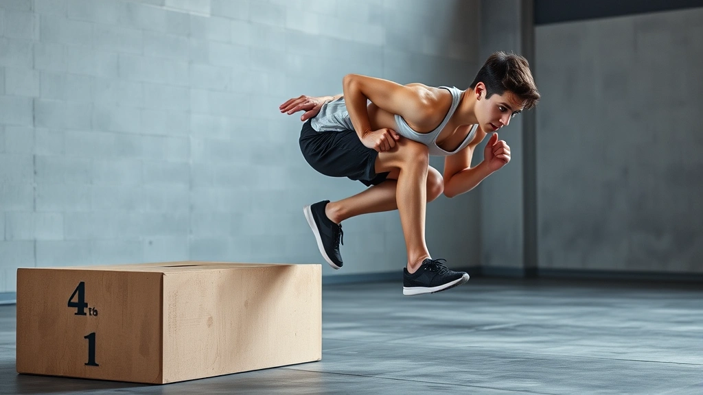 Young fit person landing from box jump with proper knee bend technique, absorbing impact, focused expression, athletic wear, concrete gym floor, side angle view