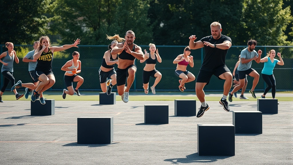 Multiple athletes performing varied jumping exercises - burpees, lateral bounds, box jumps - dynamic action shots showing different movement patterns, outdoor training environment, natural daylight