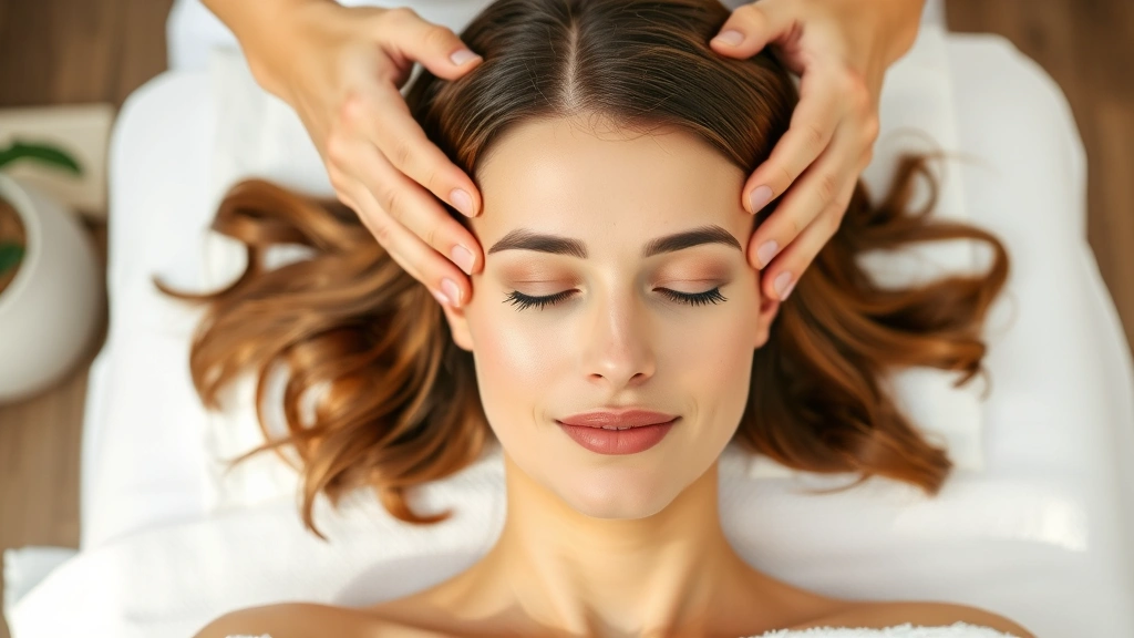 Person applying scalp treatment with gentle massage motions, hands working through healthy hair, serene expression, spa-like setting with soft natural light