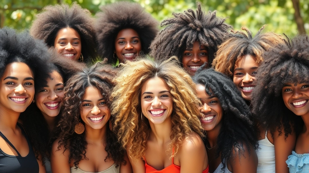 Diverse group of people with visibly healthy, voluminous hair, smiling naturally, outdoor setting with natural sunlight, showcasing different hair types and textures
