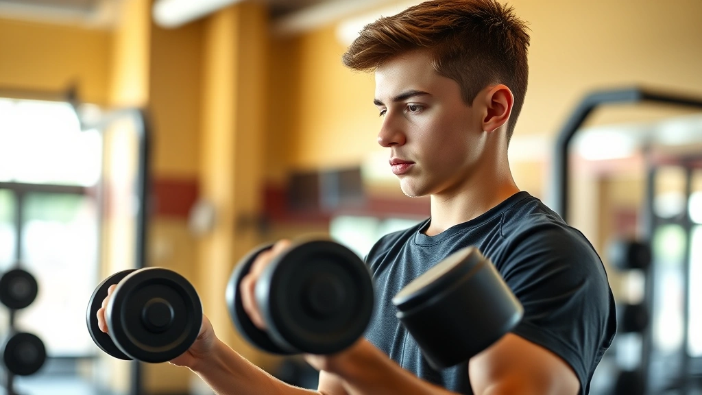 Young athlete performing proper strength training technique with dumbbells, focused expression, well-lit gym environment, demonstrating correct form and engagement