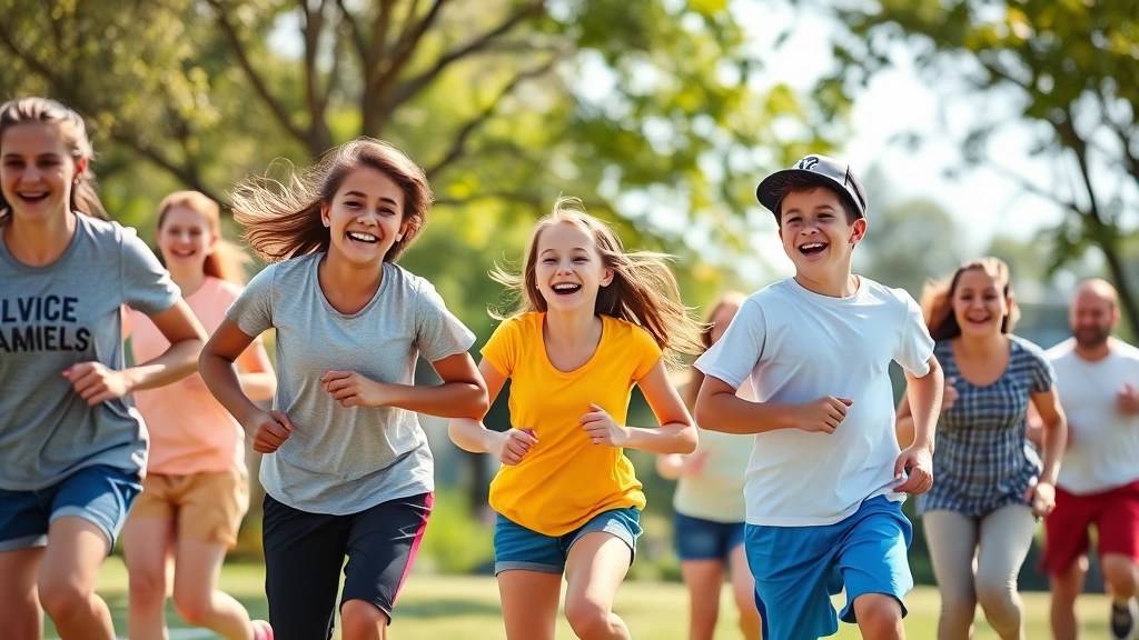 Diverse group of adolescents playing sports outdoors, laughing and moving with energy, natural sunlight, showing healthy physical activity and development