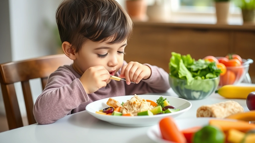Child eating nutritious meal with vegetables, fruits, and protein, sitting at table with colorful whole foods, natural lighting, emphasizing healthy nutrition