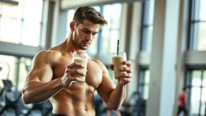 Athletic person in modern gym holding glass of whey protein shake, muscular physique, post-workout moment, natural lighting from windows, focused determined expression, athletic wear