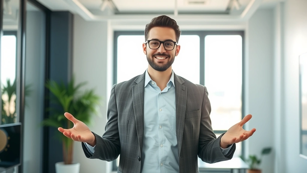 Person standing confidently in professional office environment, natural sunlight streaming through windows, focused expression, arms open in welcoming gesture, modern minimalist background, authentic professional confidence